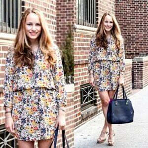 QMack Yellow Floral Print V Neck‎ Elastic Waist Blouson Mini Dress Size XS